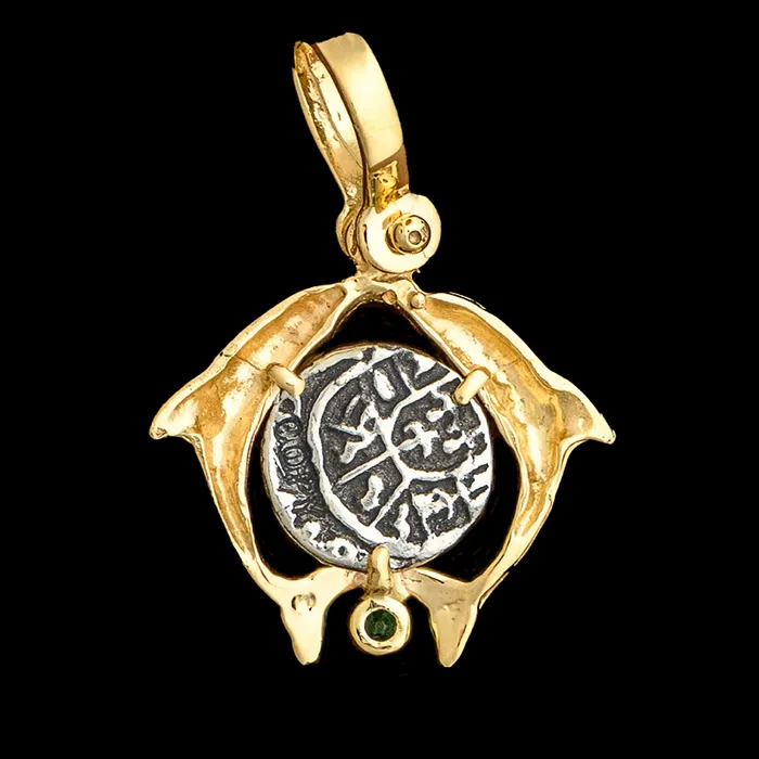 The Treasure Shoppe Necklaces Atocha Jewelry Small Silver Coin 14K Gold Double Dolphin Pendant with Emerald The Treasure Shoppe Necklaces Atocha Jewelry Small Silver Coin 14K Gold Double Dolphin Pendant with Emerald