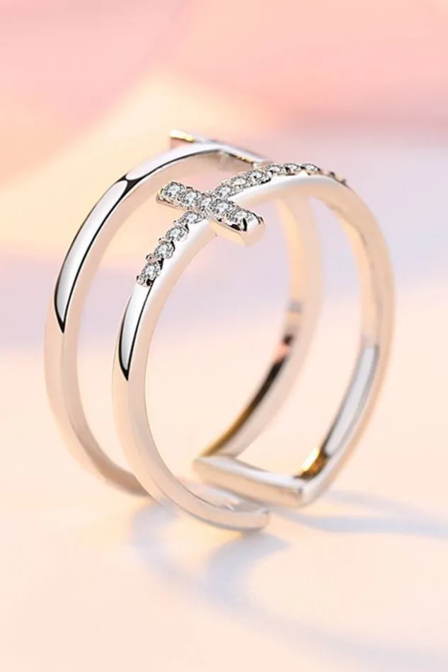 Trendsi 925 Sterling Silver Inland Zircon Cross Ring Rings