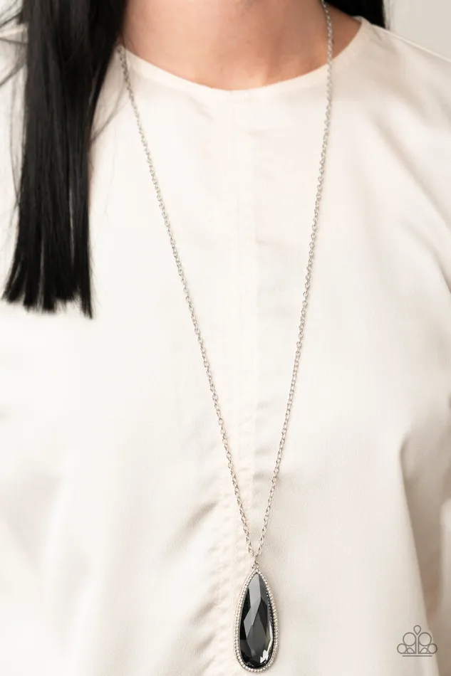 Watch Out For REIGN Silver Smoky Teardrop Gem Pendant Necklace Paparazzi Paparazzi Accessories Necklaces