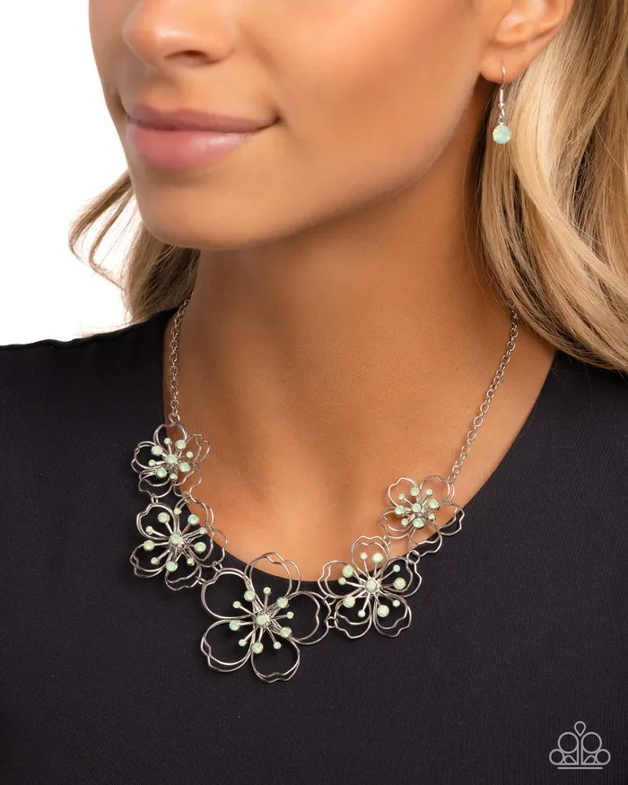 Wiry Wallflowers Green Opalescent Rhinestone Silver Flower Short Necklace Paparazzi Paparazzi Accessories Necklaces