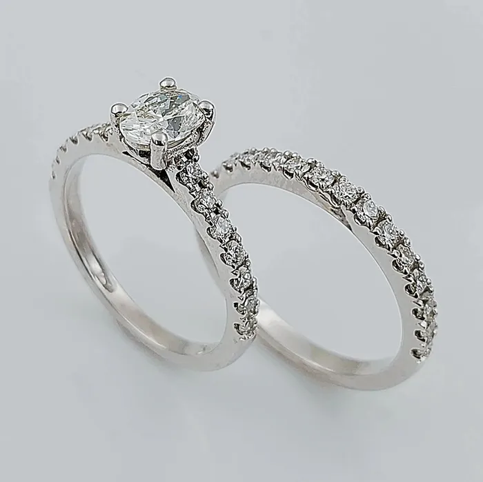 Womens 14K White Gold with 060 CT Oval Center Diamond SI2 Color I 49 GR Total Weight Wedding Ring Set Size 600 Monaco Collection Rings