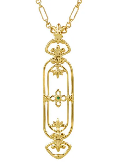 Yellow Gold Vermeil 1910 Era Fleur de Lys Art Nouveau Cartouche Emerald Pendant Antique Jewelry Mall Necklaces